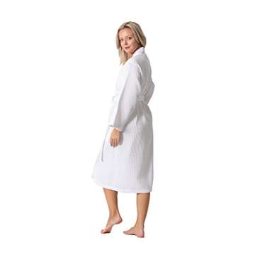 Turkish Linen Waffle Knit Lightweight Kimono Spa & Bath Robes for Women - Quick Dry - Soft (White, Medium)
