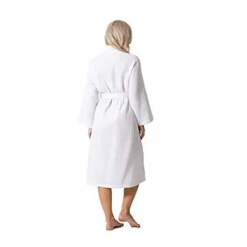 Turkish Linen Waffle Knit Lightweight Kimono Spa & Bath Robes for Women - Quick Dry - Soft (White, Medium)