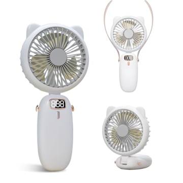 Handheld Fan Mini, Cute Hand Fan Portable, Powerful USB Rechargeable Fan with 4 Speeds and LED Displ...