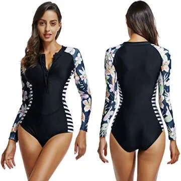 LafyKoly Women's One Piece Long Sleeve Rash Guard UV Protection Printed Surfing Swimsuit Swimwear Ba...