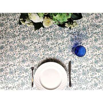 ATOSII Aster Blue 100% Cotton Rectangle Boho Fall Tablecloth, Handblock Floral Table Cloth Linen for Kitchen Dining I Parties Wedding Outdoors Christmas Thanksgiving I Fall Home Decor 60 X 90 Inches
