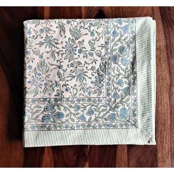 ATOSII Aster Blue 100% Cotton Rectangle Boho Fall Tablecloth, Handblock Floral Table Cloth Linen for Kitchen Dining I Parties Wedding Outdoors Christmas Thanksgiving I Fall Home Decor 60 X 90 Inches