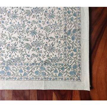 ATOSII Aster Blue 100% Cotton Rectangle Boho Fall Tablecloth, Handblock Floral Table Cloth Linen for Kitchen Dining I Parties Wedding Outdoors Christmas Thanksgiving I Fall Home Decor 60 X 90 Inches