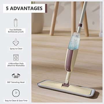 Spray Mop for Floor Cleaning, HOMTOYOU Floor Mop Dry Wet Spray Mop with 2 Refillable Bottle and 4 Wa...