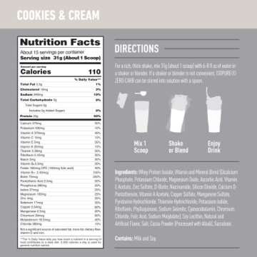 Isopure Zero Carb 100% Pure Whey Isolate Protein Powder, Lactose Free, Gluten Free, With Vitamins, Cookies & Cream, 25g Protein Per Serving, 1 Lb, 15 Servings