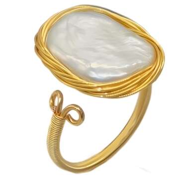 Handcrafted Baroque Pearl Ring Winding Design Opening Adjustable 14k Gold Plated Material,White