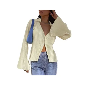 LYANER Women's Stylish Deep V Neck Bell Sleeve Blouse