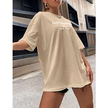 Lauweion Women Drop Shoulder East Hampton Letter T-Shirt Oversized Graphic Baggy Trendy Tee Shirt To...
