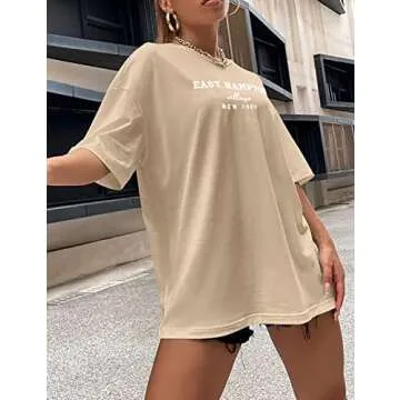 Lauweion Women Drop Shoulder East Hampton Letter T-Shirt Oversized Graphic Baggy Trendy Tee Shirt To...