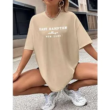 Lauweion Women Drop Shoulder East Hampton Letter T-Shirt Oversized Graphic Baggy Trendy Tee Shirt Top Khaki