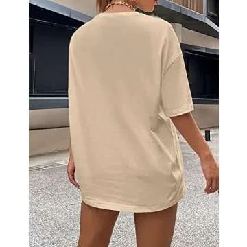 Lauweion Women Drop Shoulder East Hampton Letter T-Shirt Oversized Graphic Baggy Trendy Tee Shirt Top Khaki