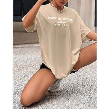 Lauweion Women Drop Shoulder East Hampton Letter T-Shirt Oversized Graphic Baggy Trendy Tee Shirt Top Khaki