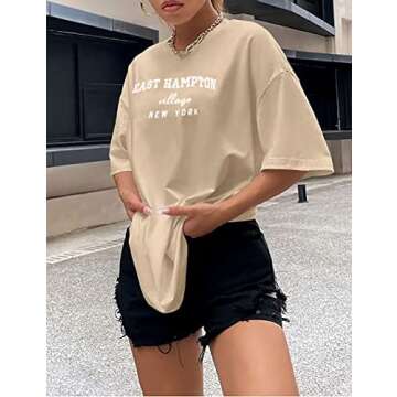 Lauweion Women Drop Shoulder East Hampton Letter T-Shirt Oversized Graphic Baggy Trendy Tee Shirt Top Khaki