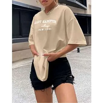 Lauweion Women Drop Shoulder East Hampton Letter T-Shirt Oversized Graphic Baggy Trendy Tee Shirt Top Khaki
