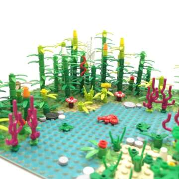 ZHX Rainforest Jungle Bridge Building Block Toys with 2pcs Baseplates(10x10 inches Each) Garden Bricks Accessories Bush Flowers Animals Coconut Trees for Classic Brick Block Toys