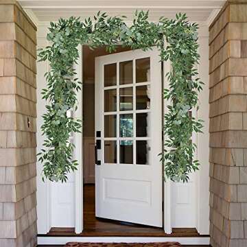 Fake Greenery Garlands Artificial Silver Dollar Eucalyptus Garland in Grey Green and Willow Twigs Garland Intertwined Together for Rustic Wedding Arch Swag Doorways Table Runner Decoration