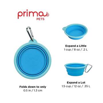 Prima Pet Expandable/ Collapsible Silicone Food & Water Travel Bowl with Clip for Small & Medium Dog and Cat, Size: 1.5 Cups (5.1 Inch Diameter Bowl) (AQUA)
