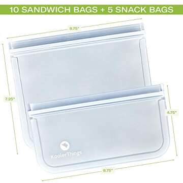 KoolerThings 10 Pack Reusable Sandwich Bags, Leakproof, Transparent, Rectangular, Plastic Bags with PEVA Lining, Silicone & PEVA Material, Self Seal Closure