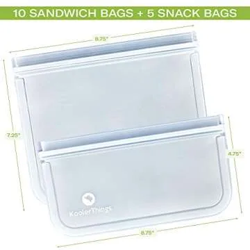 KoolerThings 10 Pack Reusable Sandwich Bags, Leakproof, Transparent, Rectangular, Plastic Bags with PEVA Lining, Silicone & PEVA Material, Self Seal Closure