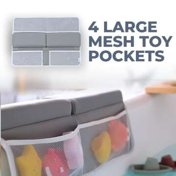 Toodly Baby Bath Kneeler and Elbow Rest Pad Set - Baby Bath Support for Knees and Elbows - Bath Kneeler Pad with Memory Foam and Bath Toys Organizer - Ideal Bath Kneeling Pad for Bathing Baby - Grey