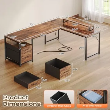 PRAISUN 63 Inch L Shaped Desk with Power Outlets and USB-C Port, Computer Corner Home Office Desk wi...