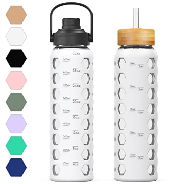 MUKOKO 32oz Glass Water Bottle with Dual Lids and Time Marker