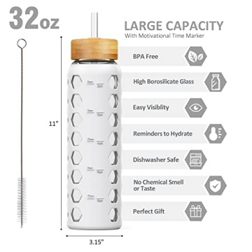 MUKOKO 32oz Glass Water Bottle with Dual Lids and Time Marker