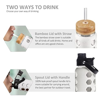 MUKOKO 32oz Glass Water Bottle with Dual Lids and Time Marker