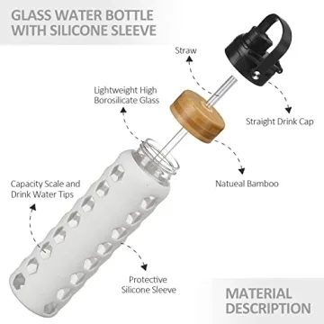 MUKOKO 32oz Glass Water Bottle with Dual Lids and Time Marker