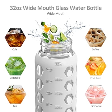 MUKOKO 32oz Glass Water Bottle with Dual Lids and Time Marker