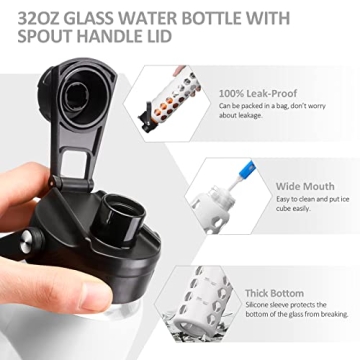 MUKOKO 32oz Glass Water Bottle with Dual Lids and Time Marker