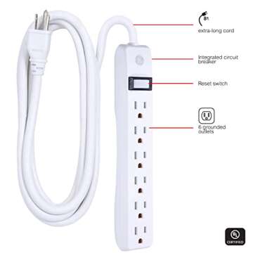 GE 6-Outlet Power Strip, 8 Ft Extension Cord, Heavy Duty Plug, Grounded, Integrated Circuit Breaker, 3-Prong, Wall Mount, UL Listed, White, 14832