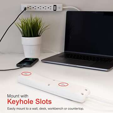 GE 6-Outlet Power Strip, 8 Ft Extension Cord, Heavy Duty Plug, Grounded, Integrated Circuit Breaker, 3-Prong, Wall Mount, UL Listed, White, 14832