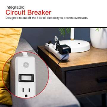 GE 6-Outlet Power Strip, 8 Ft Extension Cord, Heavy Duty Plug, Grounded, Integrated Circuit Breaker, 3-Prong, Wall Mount, UL Listed, White, 14832