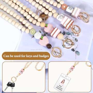 Retractable Lanyards for Id Badges, 2024 Teacher Lanyard with ID Holder, Wooden Beaded Lanyard for Keychain, Boho Breakaway Lanyard Personalized Gift for Women