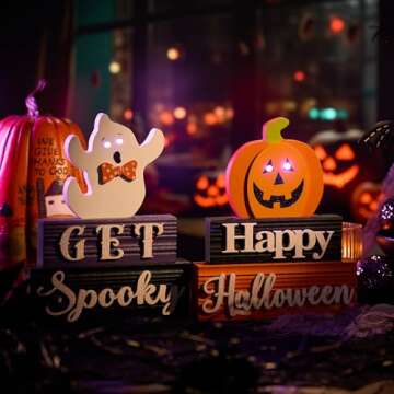 Valery Madelyn Led Halloween Table Pumpkin Spooky Decor Indoor,2 Pcs 8.25Inch Lighted Halloween Wooden Signs with Ghost and Jack o Lantern, Cute Happy Halloween Figurines for Party Desk Decor