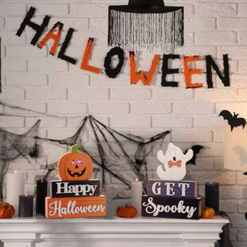 Valery Madelyn Led Halloween Table Pumpkin Spooky Decor Indoor,2 Pcs 8.25Inch Lighted Halloween Wooden Signs with Ghost and Jack o Lantern, Cute Happy Halloween Figurines for Party Desk Decor