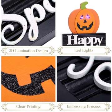 Valery Madelyn Led Halloween Table Pumpkin Spooky Decor Indoor,2 Pcs 8.25Inch Lighted Halloween Wooden Signs with Ghost and Jack o Lantern, Cute Happy Halloween Figurines for Party Desk Decor