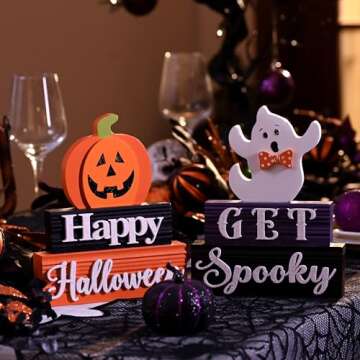 Valery Madelyn Led Halloween Table Pumpkin Spooky Decor Indoor,2 Pcs 8.25Inch Lighted Halloween Wooden Signs with Ghost and Jack o Lantern, Cute Happy Halloween Figurines for Party Desk Decor