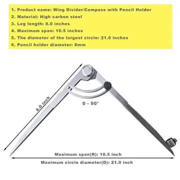 ZLKSKER 6/8 / 10 inch Wing Compass with Pencil Holder, Leather Working Wing Divider, Caliper & Scribe Tool, for Woodworking Drawing & Drafting (8 inch)