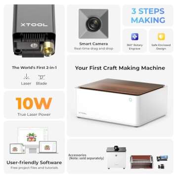 xTool M1 10W laser engraver with RA2Pro, 3-in-1 laser engraving, laser cutting, blade cutting, supports processing glass, spheres, cylindrical objects, etc., suitable for wood and metal, laser class I