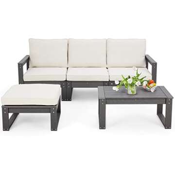 YOLENY 3-Piece Outdoor Patio Furniture Set: HDPE Sectional Sofa with Cream Cushions