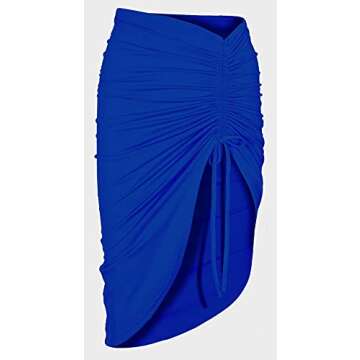 PRIMODA Women's Asymmetrical Bodycon Drawstring Ruched Midi Skirt with Thigh High Slit(RoyalBlue S)