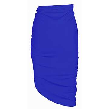 PRIMODA Women's Asymmetrical Bodycon Drawstring Ruched Midi Skirt with Thigh High Slit(RoyalBlue S)