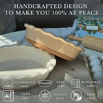 Mora Modern Farmhouse Style Ceramic Pie Pan - Deep and Fluted Dish - 9 Inch - Baking Pies: Apple, Quiche, Pot Pies, Tart