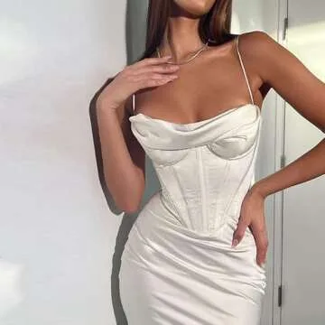 Zempertoopa Women Elegant Dress Push Up Bodycon Club Dress Off Shoulder High Slit Cocktail Wedding Guest Birthday Midi Dress (White Satin, L)