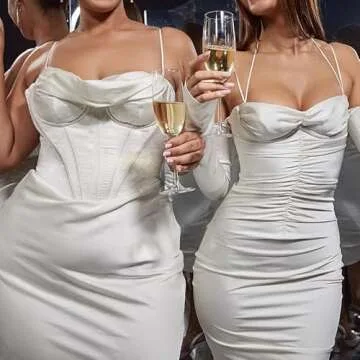 Zempertoopa Women Elegant Dress Push Up Bodycon Club Dress Off Shoulder High Slit Cocktail Wedding Guest Birthday Midi Dress (White Satin, L)