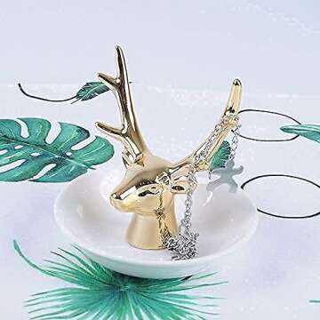 MOSSTYUS Jewelry Tray, Gold Ceramic Decorative Deer, Ring Dish Holder, Jewelry Organizer, Home Gifts for Women