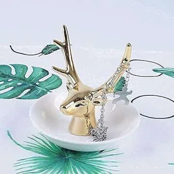 MOSSTYUS Jewelry Tray, Gold Ceramic Decorative Deer, Ring Dish Holder, Jewelry Organizer, Home Gifts for Women