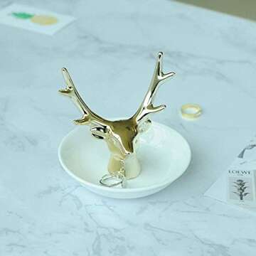 MOSSTYUS Jewelry Tray, Gold Ceramic Decorative Deer, Ring Dish Holder, Jewelry Organizer, Home Gifts for Women